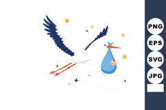 Stork flying with baby bundle in beak surrounded by stars ve Product Image 1