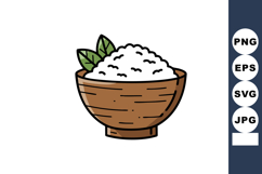 Wooden bowl filled with white rice grains and green leaves s Product Image 1