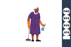 Elderly woman cleaning with broom and spray bottle in purple Product Image 1