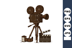 Vintage film camera with tripod and movie clapperboard vecto Product Image 1