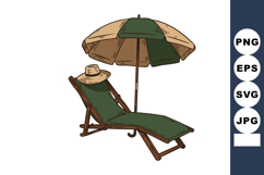 Beach lounger with green umbrella and straw hat for summer r Product Image 1