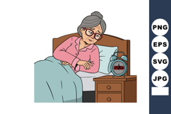 Elderly woman lying awake in bed looking at alarm clock stru Product Image 1