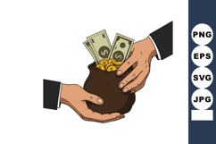 Hands exchanging money bag with coins and dollar bills finan Product Image 1