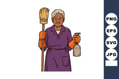 Elderly woman holding broom and spray bottle cleaning tools Product Image 1