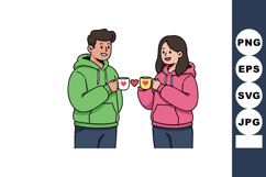 Young couple wearing colorful hoodies enjoying coffee cups w Product Image 1