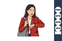Young woman in red jacket looking at watch waiting with gray Product Image 1