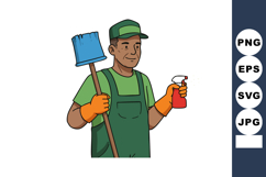 Male janitor holding broom and spray bottle cleaning supplie Product Image 1