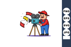 Young boy filming with vintage movie camera wearing red cap Product Image 1