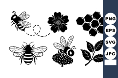Black White Bee Flower Honeycomb Vector Illustration Product Image 1