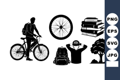 Vector Silhouette Set Cyclist Backpack Wheel Books Tree Product Image 1