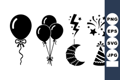 Black Silhouette Balloons Firework Moon Party Hat Vector Product Image 1
