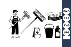 Janitor Cleaning Tools Mop Broom Vector Illustration Product Image 1
