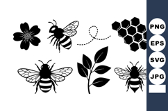 Black and White Bee Flower Leaf Honeycomb Vector Set Product Image 1
