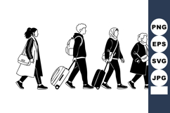 Black White Vector Diverse People Walking Suitcases Product Image 1