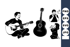Man Playing Guitar With Child And Harmonica Silhouette Product Image 1