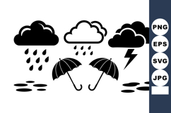 Black and White Rain Cloud Umbrella Vector Icons Product Image 1