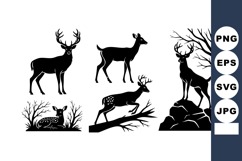 Deer Silhouettes Poses Trees Rocks Vector Product Image 1