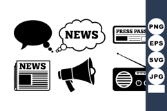 Black White News Media Icon Set with Megaphone Radio Product Image 1