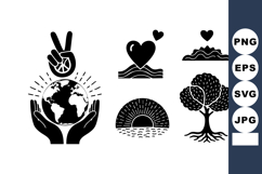 Peace Love Earth Sun Tree Silhouette Icons Product Image 1
