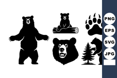 Silhouette Bear Vector Set With Paw Tree Elements Product Image 1