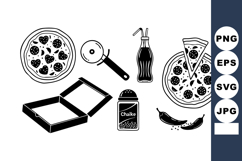 Pizza Set With Slice Bottle Soda And Cutter Vector Illustrat Product Image 1