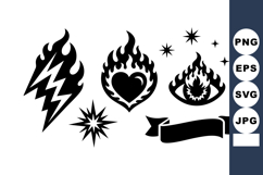 Black Flame Icon Set With Heart Eye Stars Lightning Banner Product Image 1