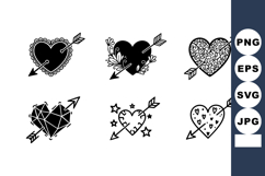 Six Black Hearts Pierced by Arrows Vector Product Image 1