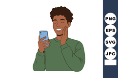 Young man with curly hair smiling while looking at smartphon Product Image 1
