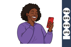 Woman smiling happily while using smartphone wearing purple Product Image 1