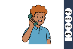 Young boy talking on phone smiling wearing blue polo shirt c Product Image 1
