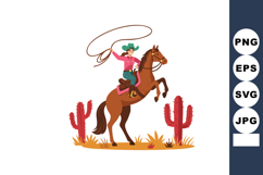 Cowboy riding rearing brown horse with lasso in desert lands Product Image 1