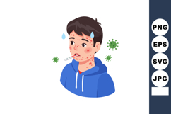 Sick boy with fever thermometer and virus particles showing Product Image 1