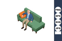 Elderly man sitting on green sofa with orange pillow in isom Product Image 1