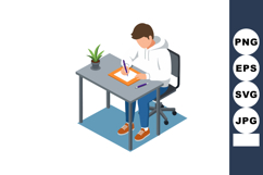 Young man writing at desk with plant wearing hoodie and snea Product Image 1
