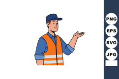 Construction worker in orange safety vest and blue cap prese Product Image 1