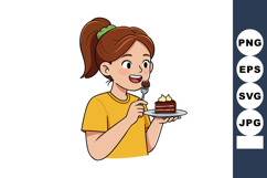 Girl enjoying chocolate cake with fork holding plate happy e Product Image 1