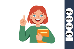 Happy redhead girl holding book and pointing up with finger Product Image 1