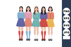 Group of five young women wearing colorful skirts and sweate Product Image 1