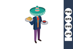 Man wearing traditional sombrero holding tacos and salsa pla Product Image 1