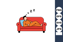 Man sleeping on red sofa resting peacefully with blue pillow Product Image 1
