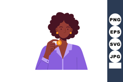 Woman holding gold coin with dollar sign in violet shirt sim Product Image 1