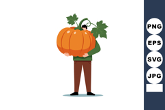 Man holding large bright orange pumpkin with green leaves an Product Image 1