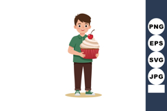 Boy holding large cupcake with cherry on top smiling in casu Product Image 1