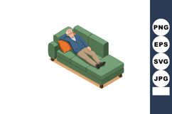 Elderly man relaxing on green sofa with orange pillow vector Product Image 1
