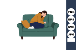 Woman resting peacefully asleep on green sofa wearing brown Product Image 1
