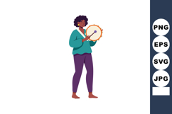Woman playing tambourine barefoot in casual clothing vector Product Image 1