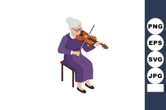 Elderly woman playing violin seated on chair in purple dress Product Image 1
