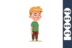 Tired young boy with sweat drop standing in green shirt and Product Image 1