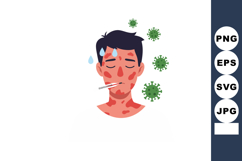 Sick man with thermometer and virus particles illustrating f Product Image 1