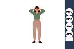 Woman standing stressed holding head with hands wearing gree Product Image 1